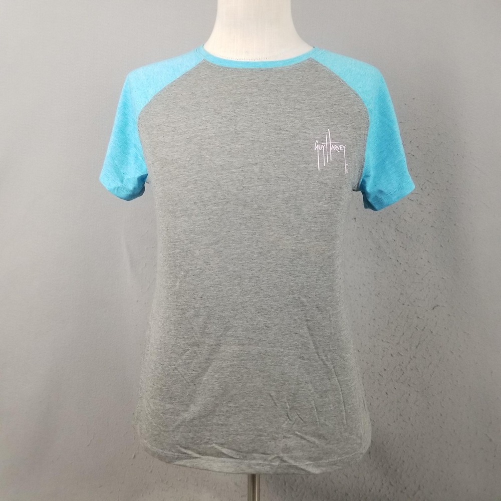 Guy Harvey Shirt Mens Large Gray Blue Raglan Tropical Marlin Beach Graphic Tee